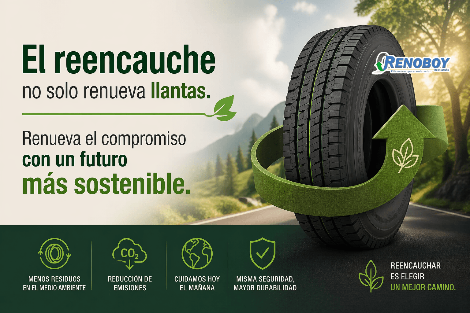 Llanta reencauchada rodeando el planeta Tierra, símbolo de sostenibilidad, reducción de costos y cuidado ambiental en flotas de transporte.